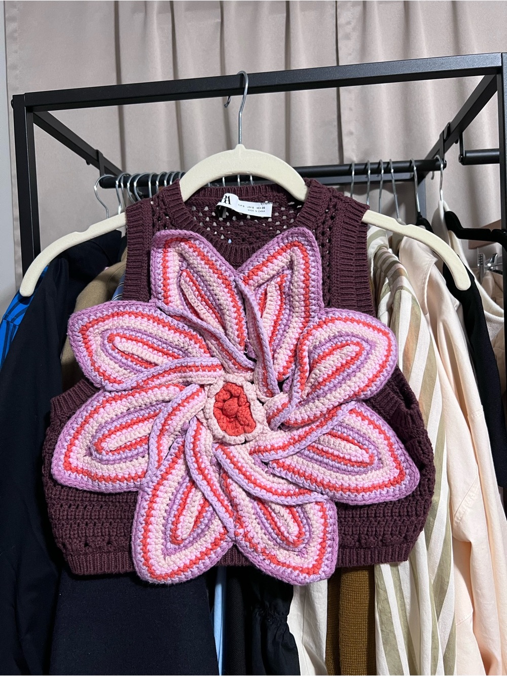 Zara Burgundy Knit Vest with Pink and Coral Crochet Flower